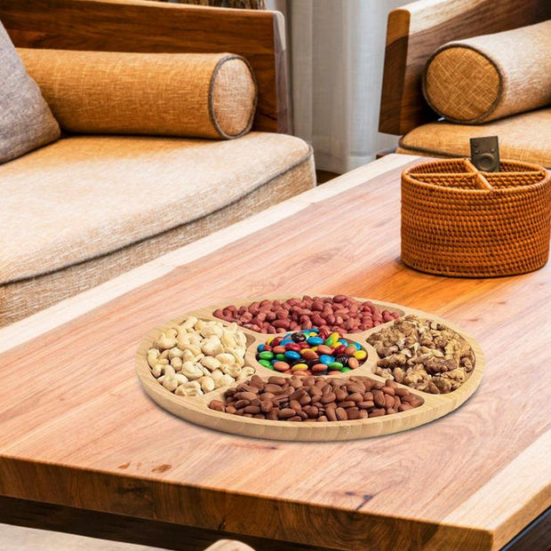 Bamboo Nuts Storage Platter Tray Appetizer Tray 5 Dining Grids