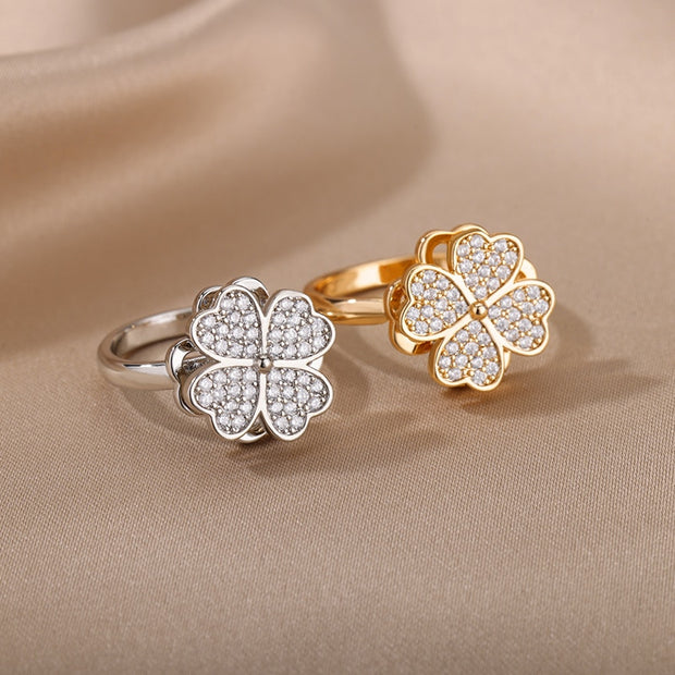 Zircon Rotatable Four Leaf Clover Anxiety Rings For Women Stainless Steel Anti-Stress