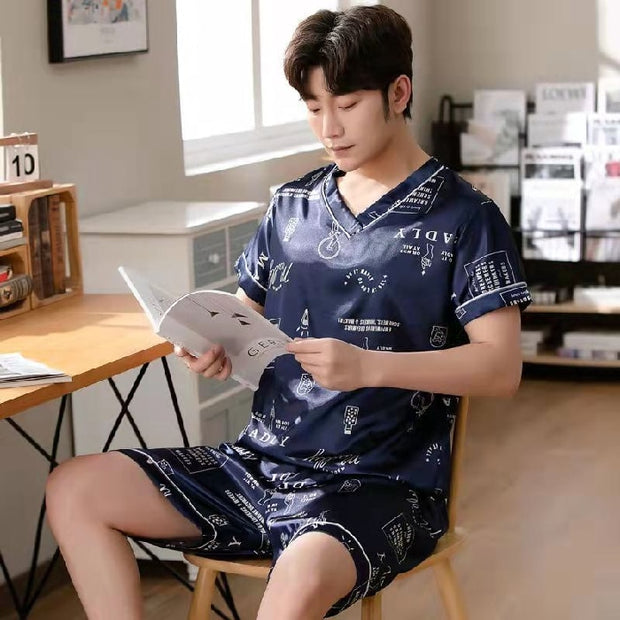 Ice Silk Pajamas Set V-neck Pullover Summer Short-sleeved Thin Silk Pajamas for Men
