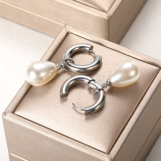 Circle Earrings For Women Vintage Punk Baroque Pearl Earrings Stainless Steel