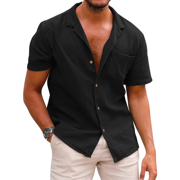 Male Soild Colour Blouse Cotton Linen Button Down Holiday Beach Shirt