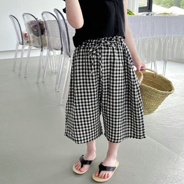 2Pcs Baby Girl Clothing Set Little Flying Sleeves Top And Plaid Wide Leg Pants