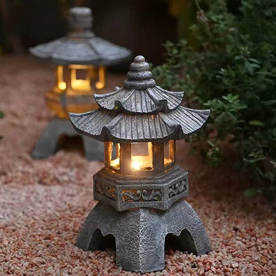 Solar LED Stone Pagoda Lantern Waterproof Resin Zen Stone Tower Lamp