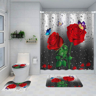 Red Rose Flowers Butterfly Waterproof Shower Curtain Set