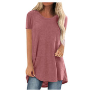 Tunic Soild Fashion Long Shirts Round Neck Short Sleeve Casual Blouses