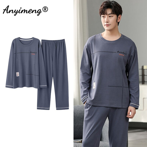 Autumn Long Sleeve Pajamas Set for Men Plus Size Sleepwear Kinttied Cotton Pajama