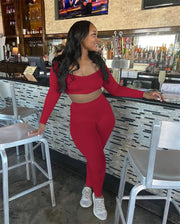 Adogirl Solid Ribbed Two Piece Set Women Outfits Long Sleeve Crop Top High Waist