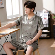 Ice Silk Pajamas Set V-neck Pullover Summer Short-sleeved Thin Silk Pajamas for Men