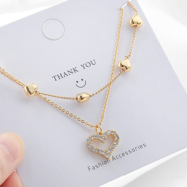 2022 Fashion New Gold Color Double Layer Heart Necklace For Women Clavicle Chain