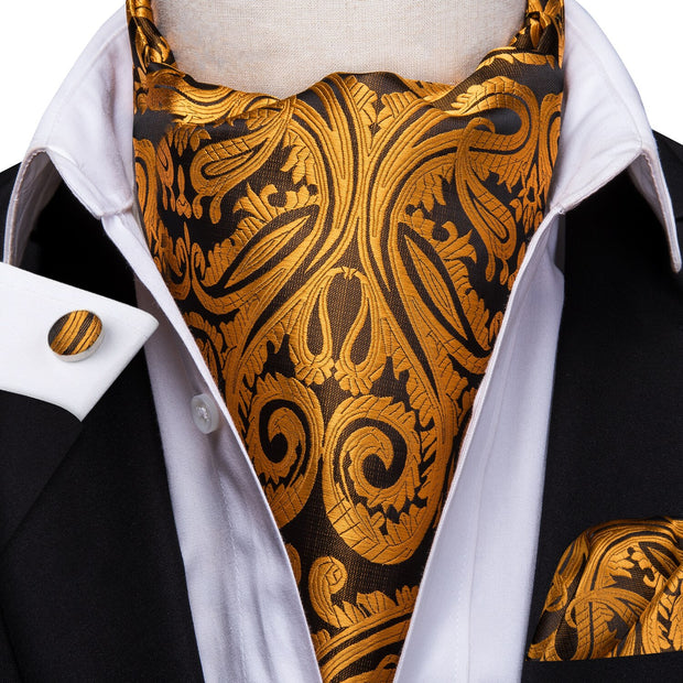 Hi-Tie Silk Mens Ascot Hanky Cufflinks Set Black Yellow White Paisley Cravat Tie