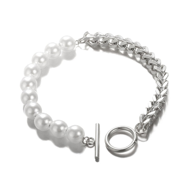 GATTVICT Punk Big Thick Cuba Chain Stainless Steel Bracelet For Men Fashion Half Pearl