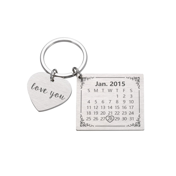 Personalized Custom Key Chain Ring Engraved Calendar Date Stainless Steel Keyring