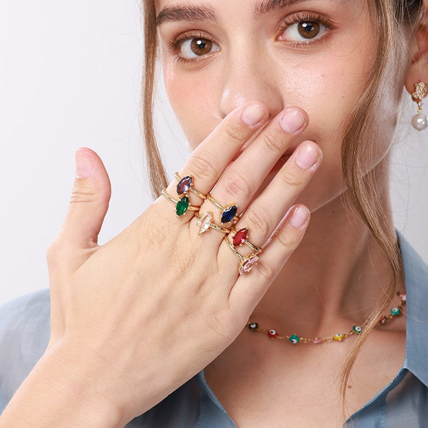 Zircon Green Rings For Women Stainless Steel Adjustable BirthStone Finger