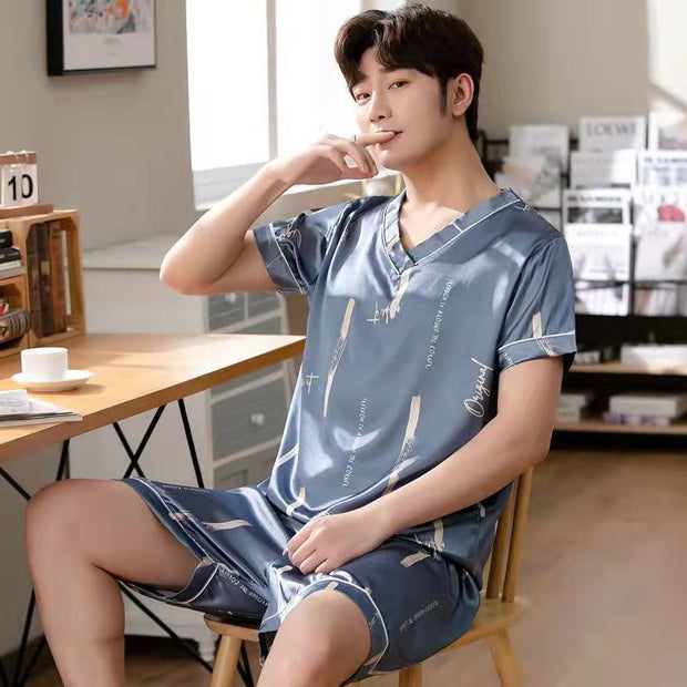 Ice Silk Pajamas Set V-neck Pullover Summer Short-sleeved Thin Silk Pajamas for Men