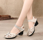 Genuine Leather Shoes Woman Retro Hollow Out Sandals
