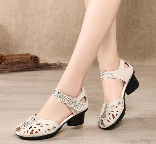 Genuine Leather Shoes Woman Retro Hollow Out Sandals