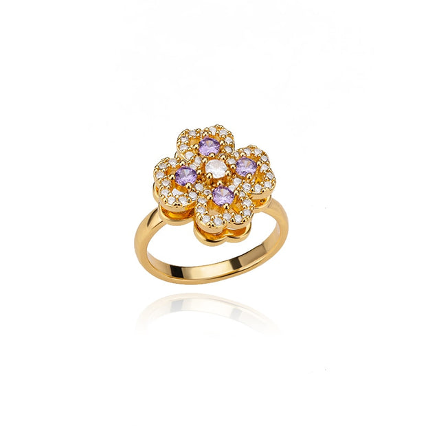 Zircon Rotatable Four Leaf Clover Anxiety Rings For Women Stainless Steel Anti-Stress