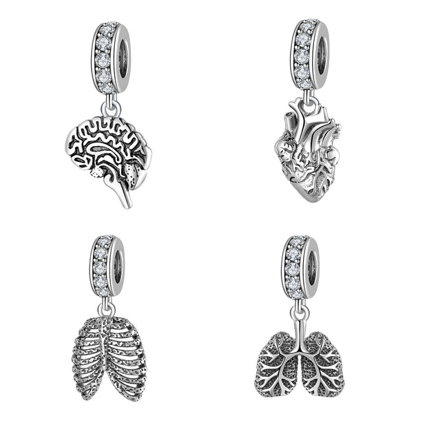 925 Sterling Silver Nurse Hat Heart Brain Lungs Ribs Pendants Beads Fit Charm