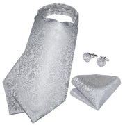 Silver Paisley Silk Ascot Tie Set Wedding Party Cravat White Ties