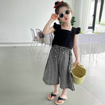 2Pcs Baby Girl Clothing Set Little Flying Sleeves Top And Plaid Wide Leg Pants