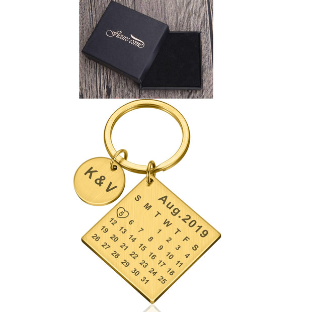 Personalized Custom Key Chain Ring Engraved Calendar Date Stainless Steel Keyring