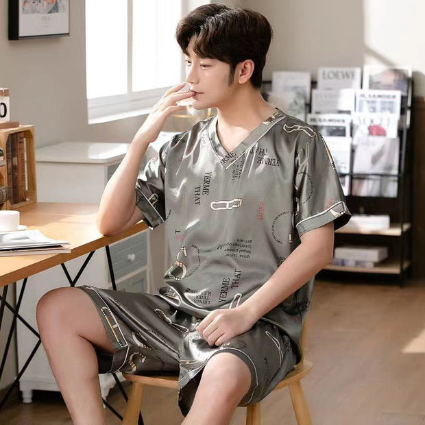 Ice Silk Pajamas Set V-neck Pullover Summer Short-sleeved Thin Silk Pajamas for Men