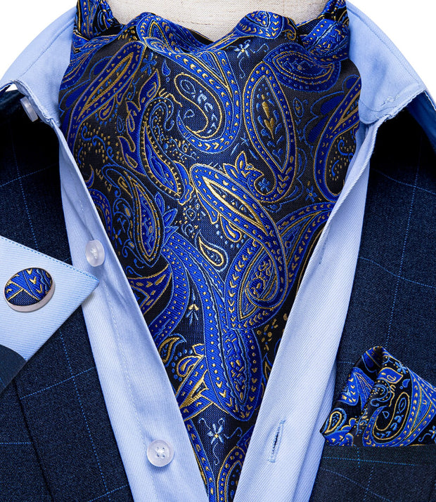 Men Premium Silk Ascot Tie Set Paisley Floral Blue Red Vintage Wedding