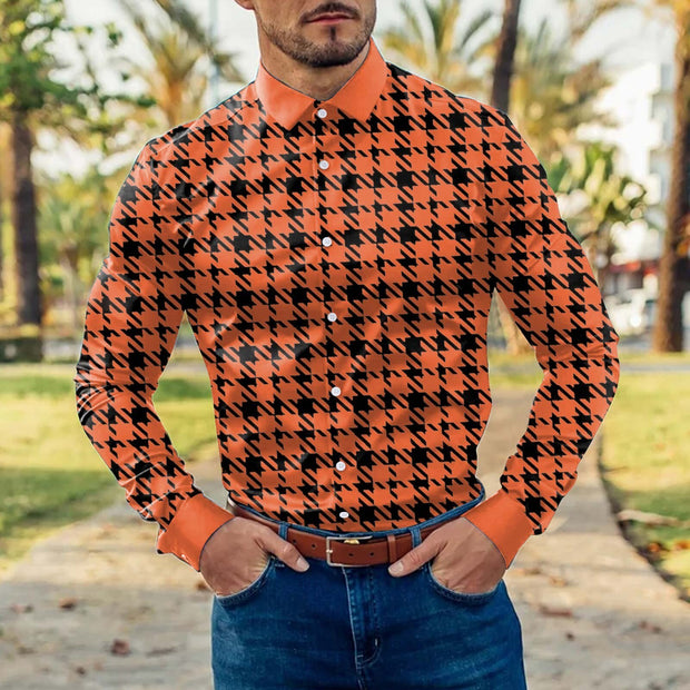 Men's Orange Plaid Shirt Social Trend Long-sleeved Shirt Business