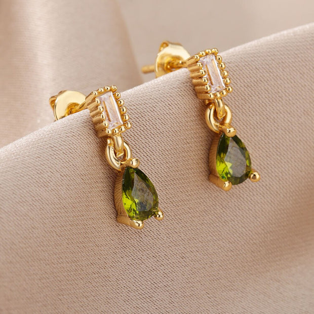 Fashion Green Waterdrop Zircon Drop Earrings For Women Stainless Steel Gold Color