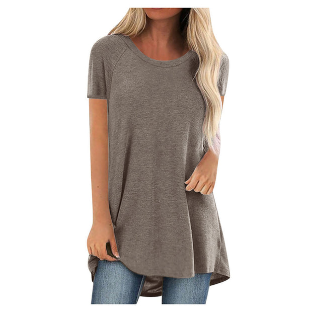 Tunic Soild Fashion Long Shirts Round Neck Short Sleeve Casual Blouses