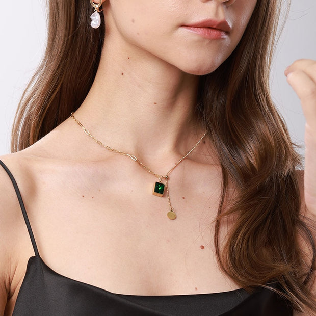 Layered Green Geometry Stone Pendant Clavicle Chain Necklace Stainless Steel Necklaces