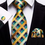 Fashion Green Plaid Men Tie Set Silk Jacquard Necktie Wedding Business