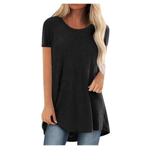Tunic Soild Fashion Long Shirts Round Neck Short Sleeve Casual Blouses
