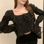 Women Square Collar Ruffle Crop Top Long Sleeve Sexy Casual Chiffon Blouse