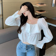 Women Square Collar Ruffle Crop Top Long Sleeve Sexy Casual Chiffon Blouse