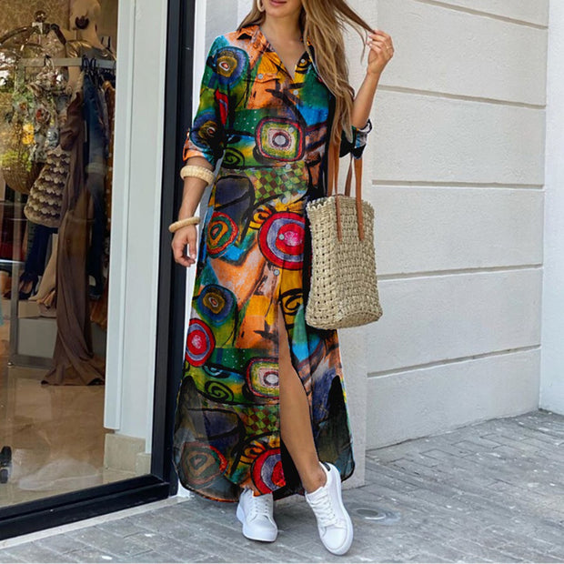 Women Stripe print Long Shirt Dress