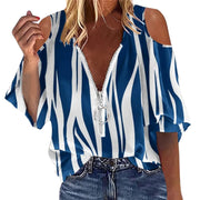 Fashion Summer Womens Zip Print Off Shoulder Shirts
