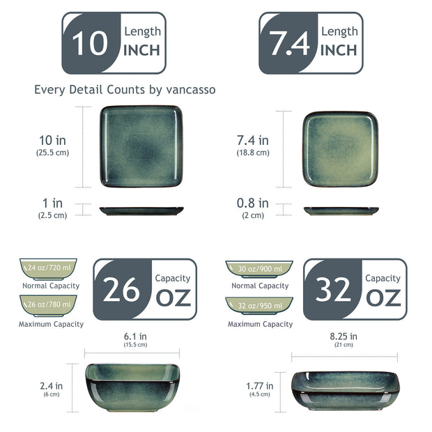 Vancasso Stern Dinner Set Green Square Kiln Change Glaze Tableware 16 Piece for 4 persons