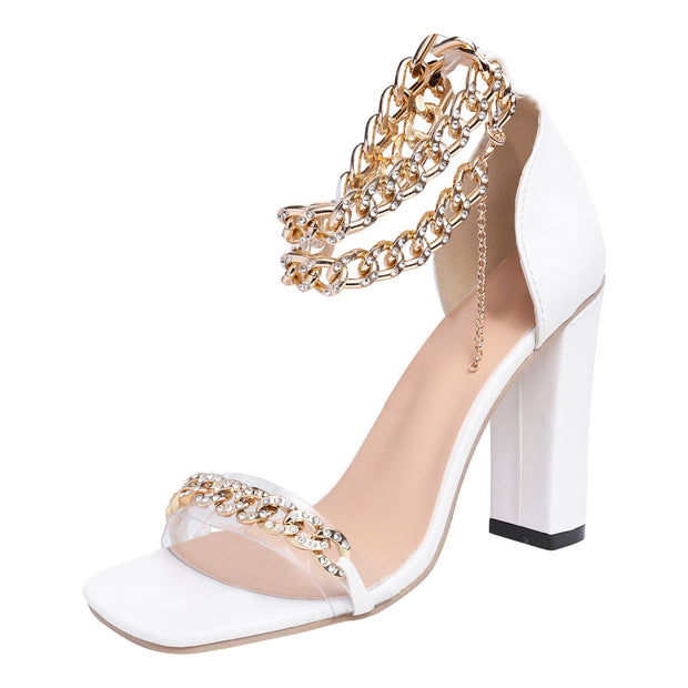 Gold-Tone Chain Embellished Ankle Strap High Heel Sandals for Women