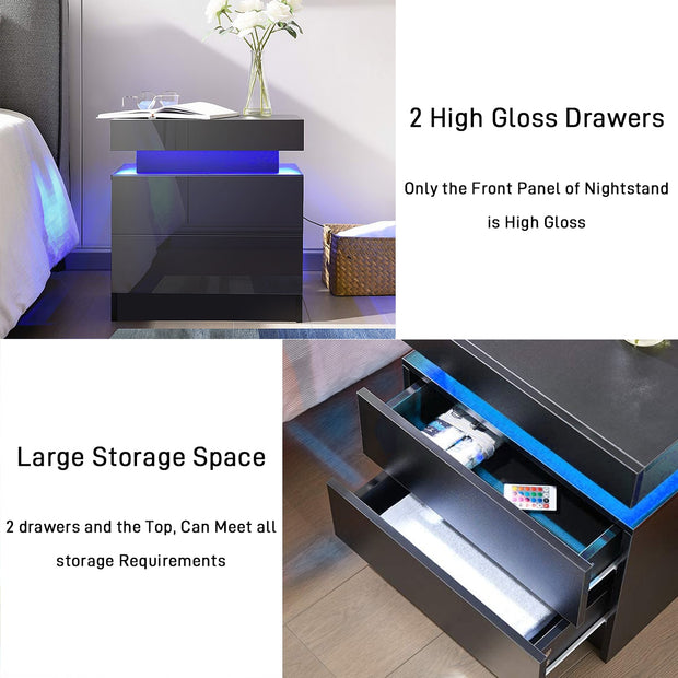 RGB LED Coffee Table 2 Drawers Table Storage Organizer Bedside Cabinet