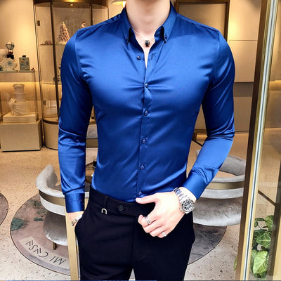 Mens Shirst High Quality Long-sleeved Casual Slim Solid Color Formal Blue Shirt