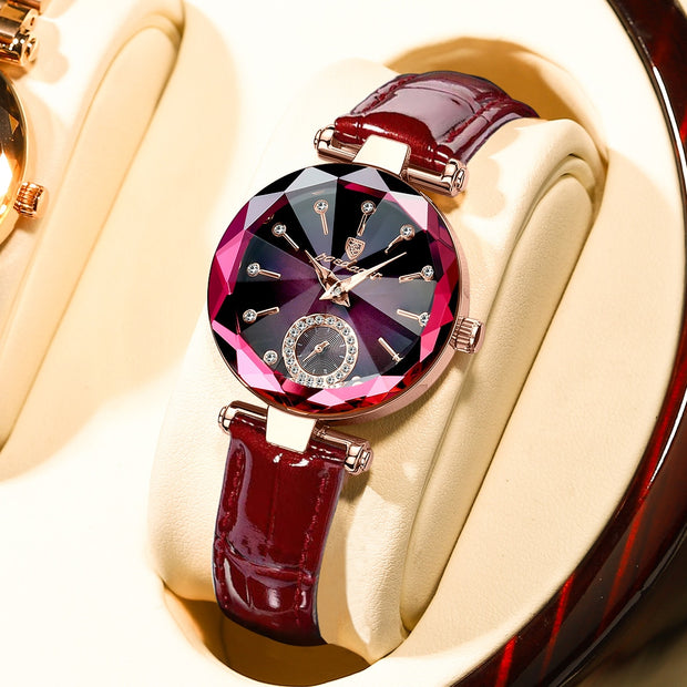 POEDAGAR Women Watches Fashion Diamond Dial Leather Quartz Watch