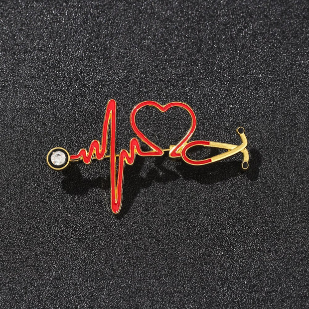 Fashion Medical Brooch Pin Stethoscope Electrocardiogram Heart Shaped