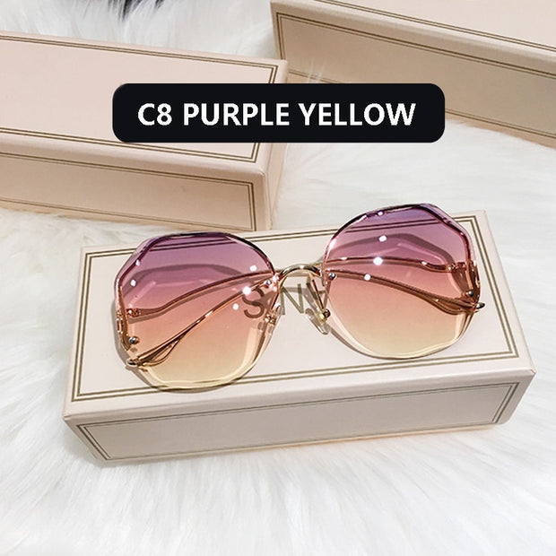 Fashion Tea Gradient Sunglasses Women Ocean Water Cut Trimmed Lens UV400
