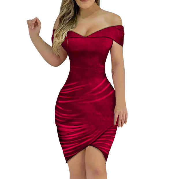 Off Shoulder Shiny Ruched Black Mini Dress