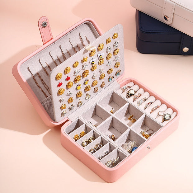 PU Leather Double Layer Lock Earrings Display Organizer Case Jewelry Box