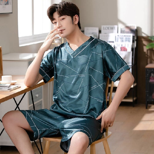 Ice Silk Pajamas Set V-neck Pullover Summer Short-sleeved Thin Silk Pajamas for Men