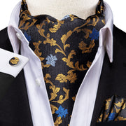 Hi-Tie Silk Mens Ascot Hanky Cufflinks Set Black Yellow White Paisley Cravat Tie