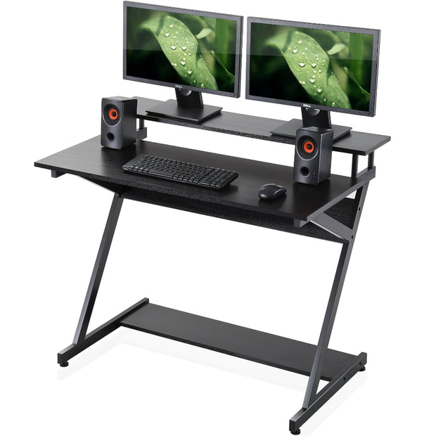 Unique Z-Shaped 40" Computer Desk with 2-Monitor Shelf & Bottom Storage Shelves