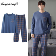 Autumn Long Sleeve Pajamas Set for Men Plus Size Sleepwear Kinttied Cotton Pajama